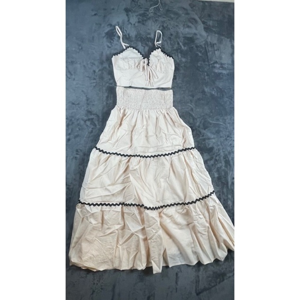 Solace Womens 2 Piece Linen Set Crop Top Tiered Maxi Skirt Ric Rac Tan Medium